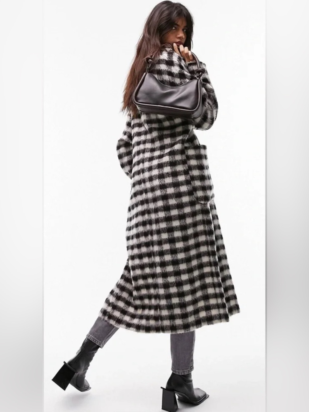 Topshop checkered Long Coat - Black & White Plaid